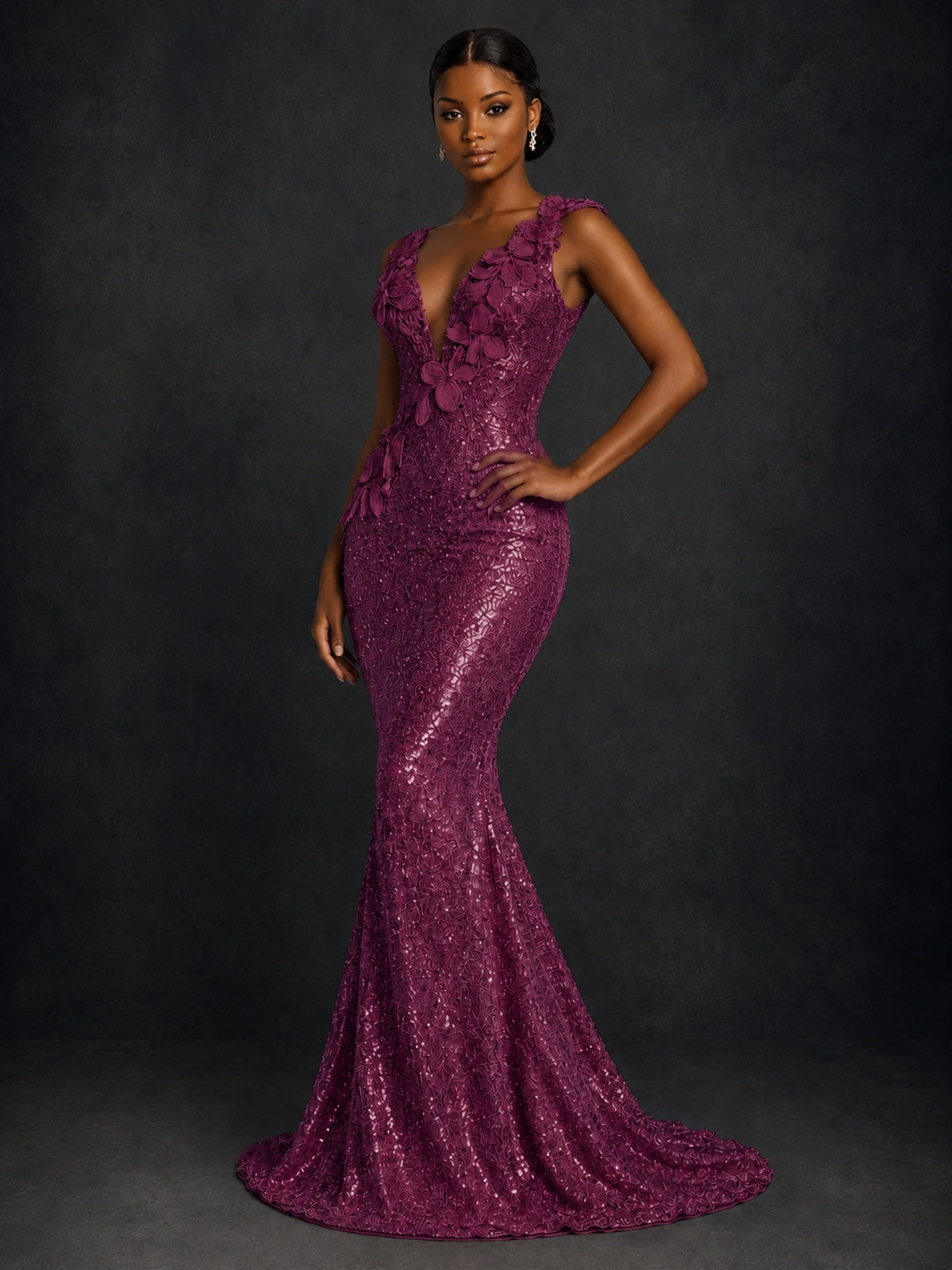 Gold Sequin Floral Applique Mermaid Prom Dress