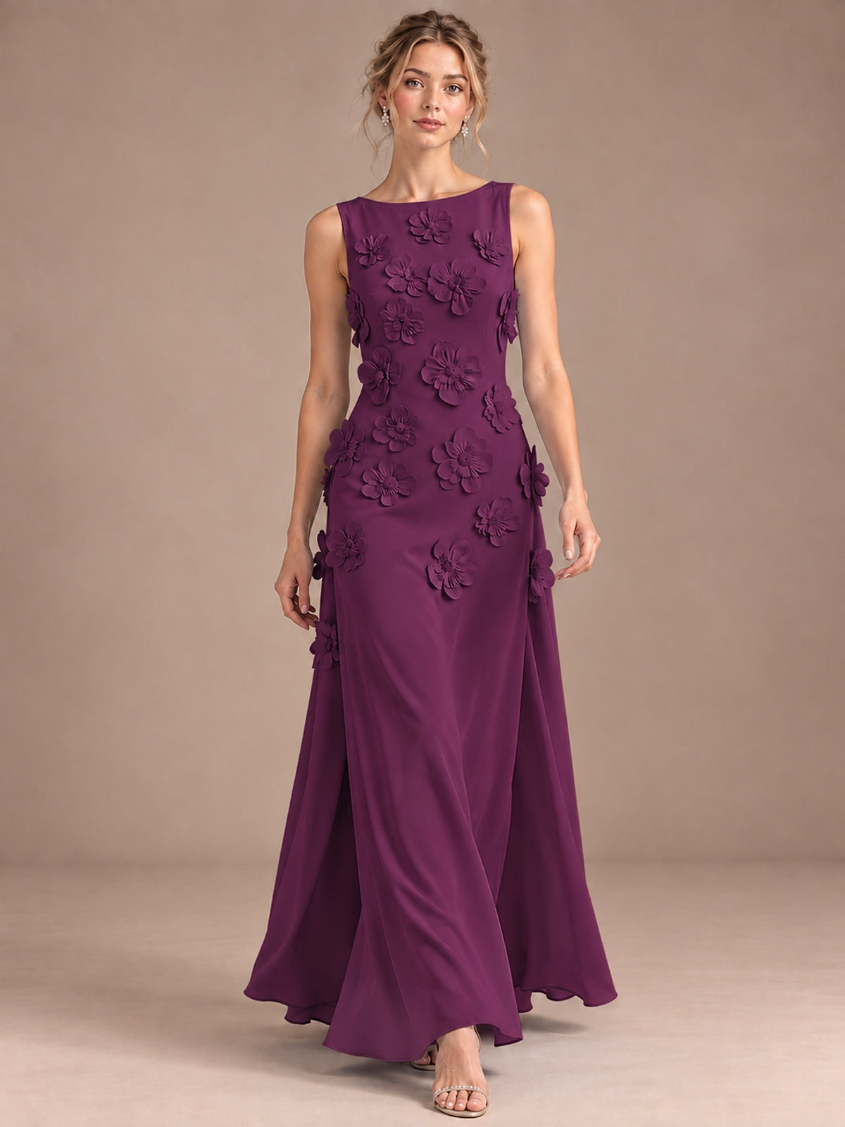 3D Floral Applique Sleeveless Formal Maxi Dress