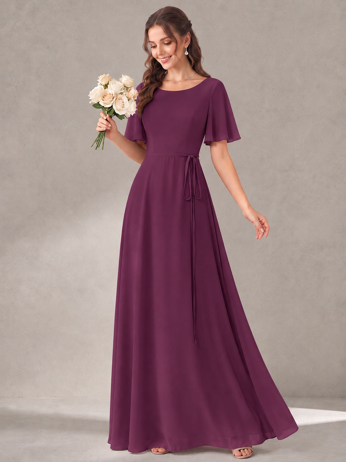 Scoop Neck A-line Chiffon Bridesmaid Dress with Flutter Sleeve & Belt