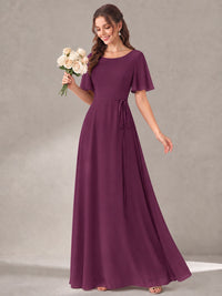 Scoop Neck A-line Chiffon Bridesmaid Dress with Flutter Sleeve & Belt