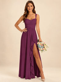 Spaghetti Straps Pleated Chiffon Bridesmaid Dress with Ruffle Slit