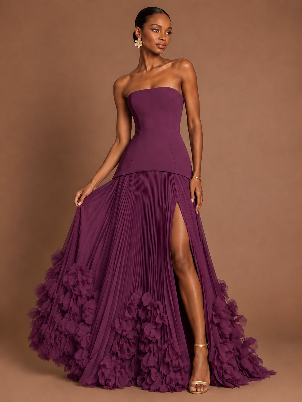Strapless Pleated Floral Satin Formal Dress with Side Slit