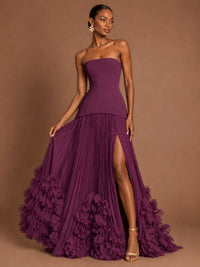 Strapless Pleated Floral Satin Formal Dress with Side Slit