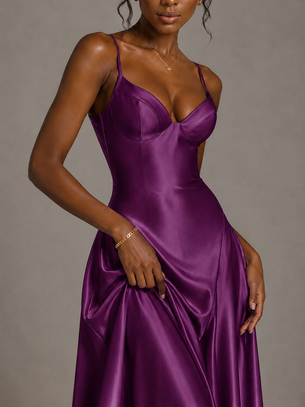 Lavender V Neck Satin Prom Dress with Spaghetti Straps