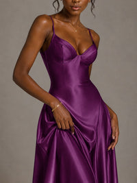 Lavender V Neck Satin Prom Dress with Spaghetti Straps