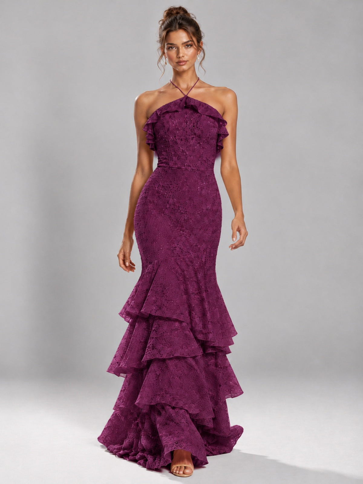 Halter Tiered Mermaid Prom Dress with Sparkly Lace