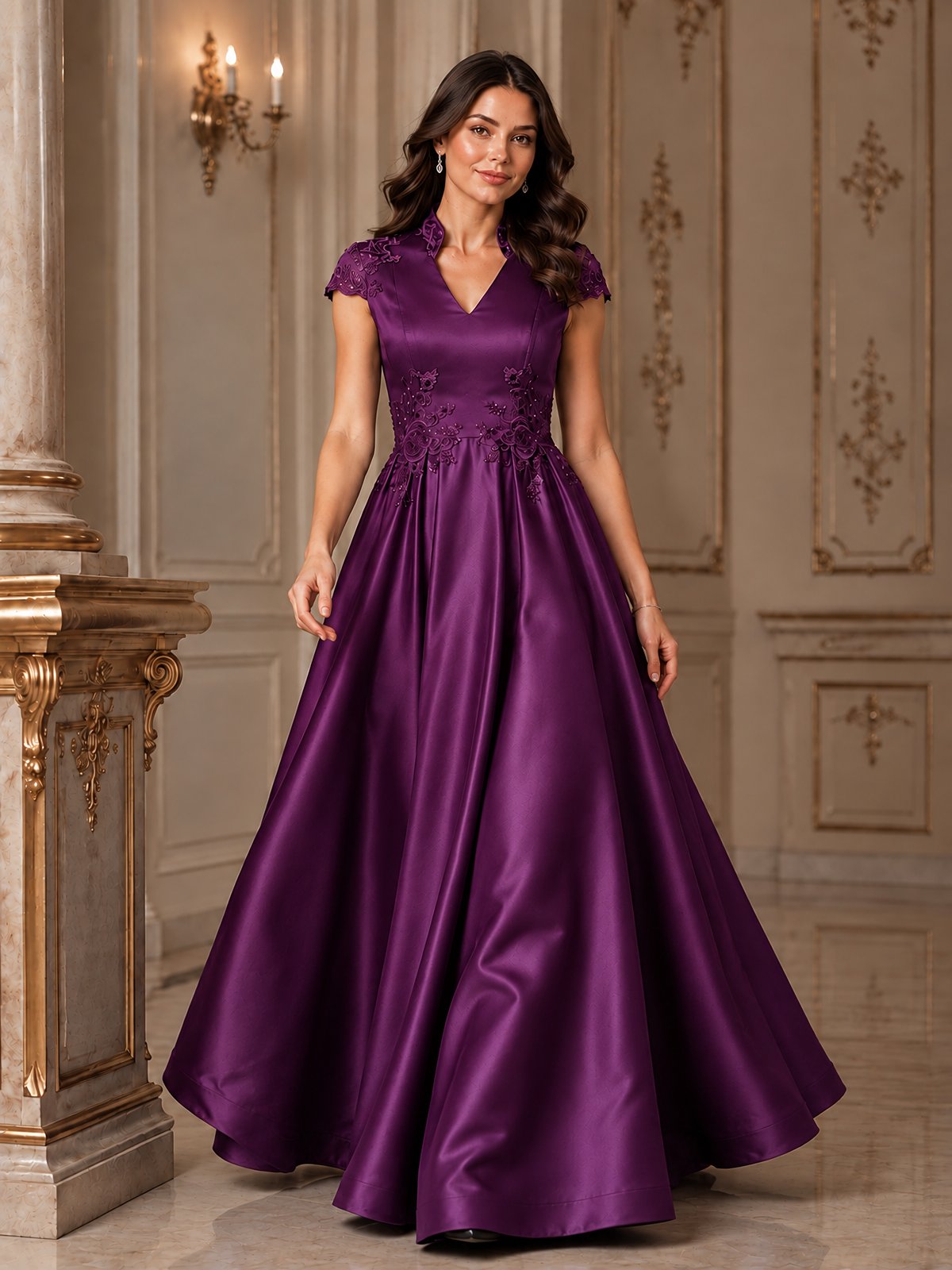 Lace Appliqué A-Line Satin Maxi Dress
