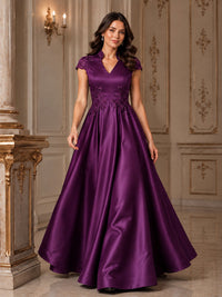 Lace Appliqué A-Line Satin Maxi Dress