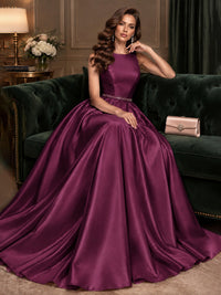 Satin A-Line Prom Dress Sleeveless Beaded Waist Formal Gown with Pockets