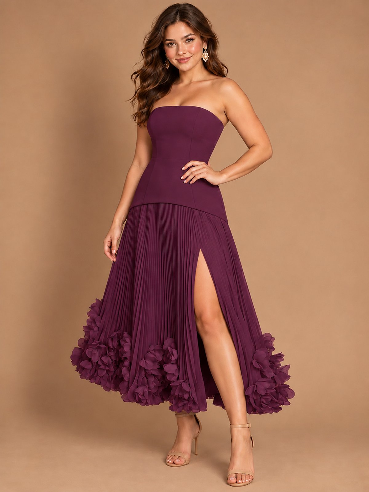 Navy Blue Strapless Pleated A-Line Midi Dress with 3D Floral Applique