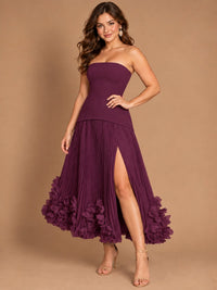 Navy Blue Strapless Pleated A-Line Midi Dress with 3D Floral Applique