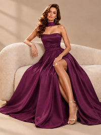 Strapless Prom Dress Side High Slit A-line Formal Dress with Scarf