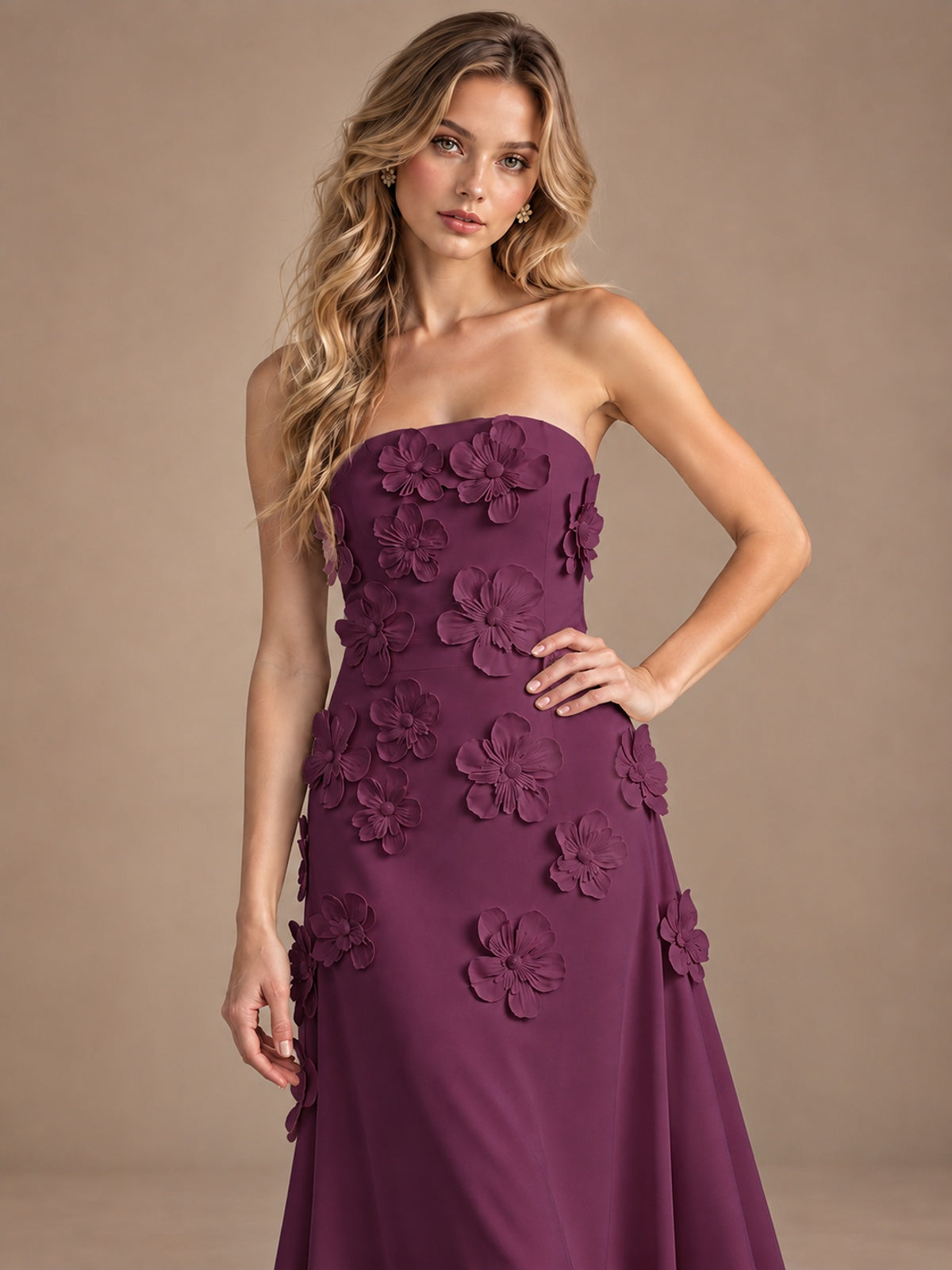 Yellow Strapless A-line Satin Maxi Dress with 3D Floral