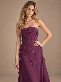 Yellow Strapless A-line Satin Maxi Dress with 3D Floral