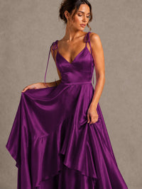 Lavender Satin V-Neck Ruffle Maxi Dress