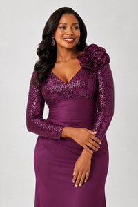 Sequin Mother of the Bride Dress with Long Sleeves 3D Floral V-Neck Gown