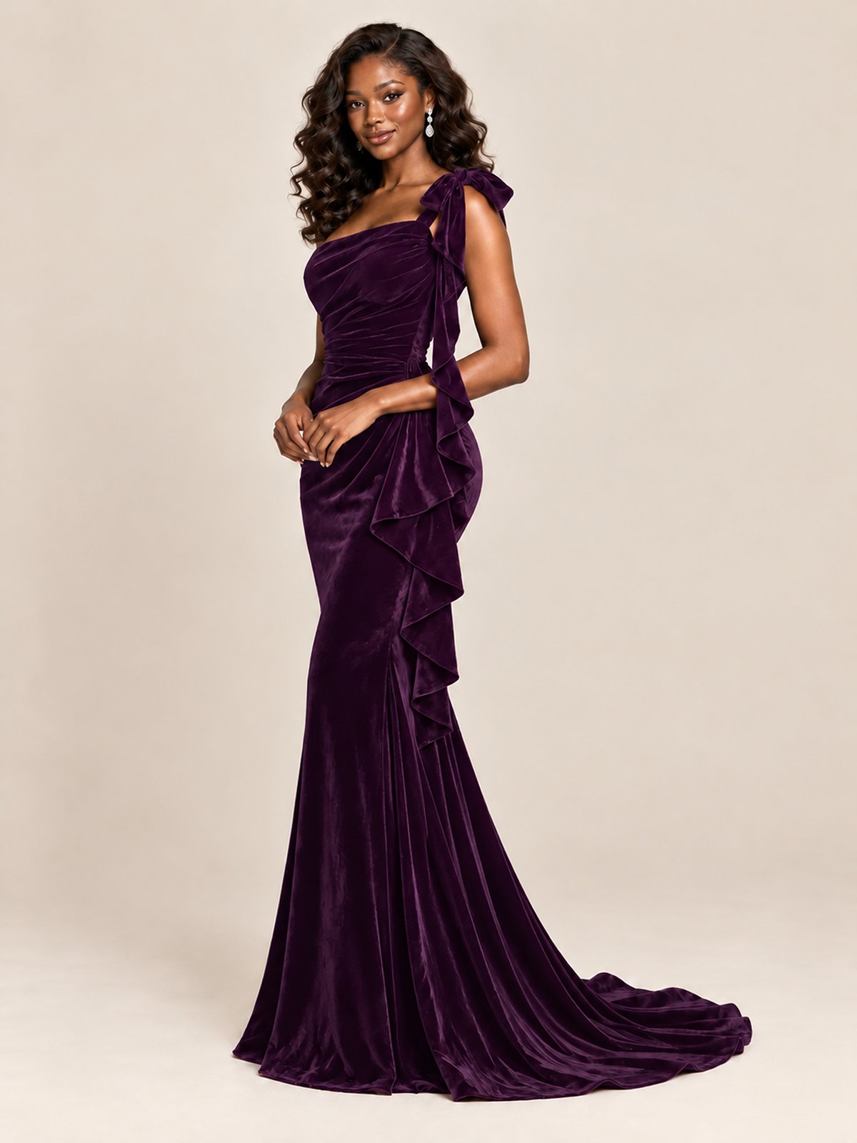 Black Velvet One-Shoulder Mermaid Evening Gown with Bow & Ruffles