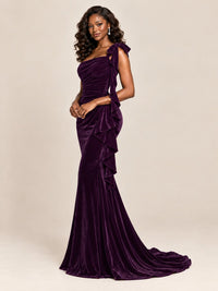 Black Velvet One-Shoulder Mermaid Evening Gown with Bow & Ruffles