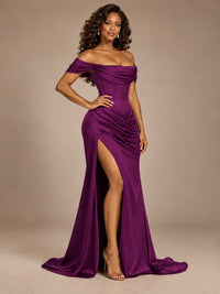 Burgundy Off-the-Shoulder Satin Corset Prom Dress with Slit