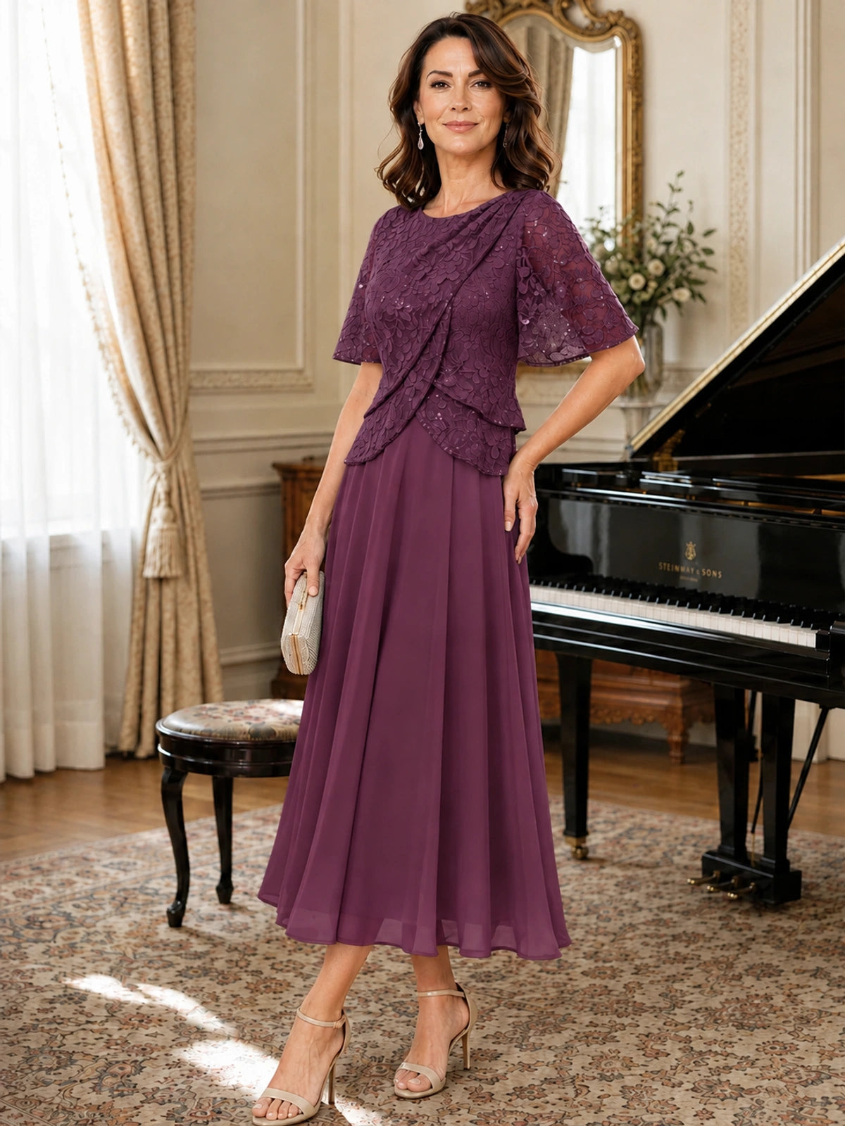 Tea-Length Chiffon Mother of the Bride Dress with Sequin Lace Sleeves