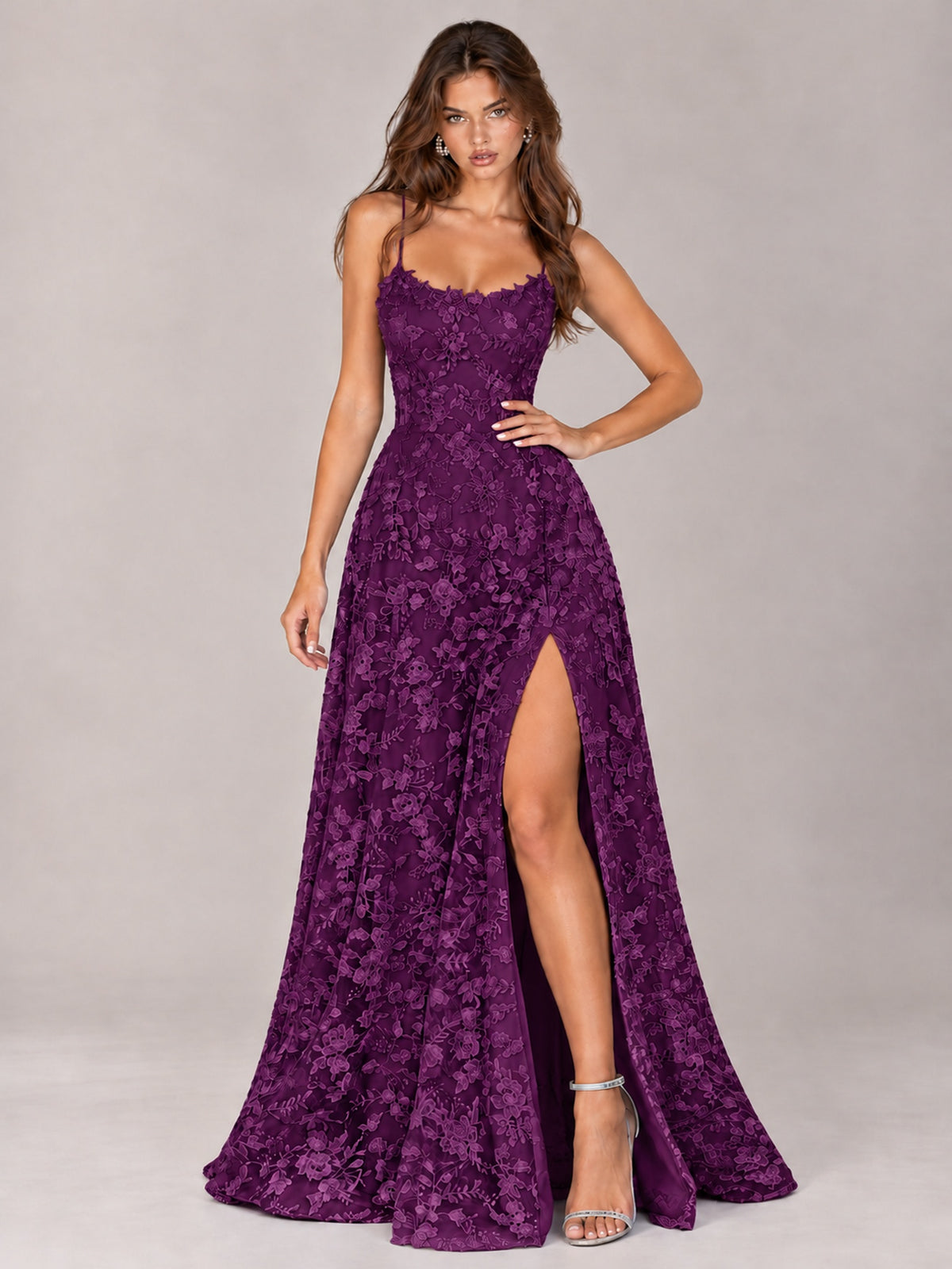 Floral Lace A-Line Prom Dress with Spaghetti Straps & High Slit