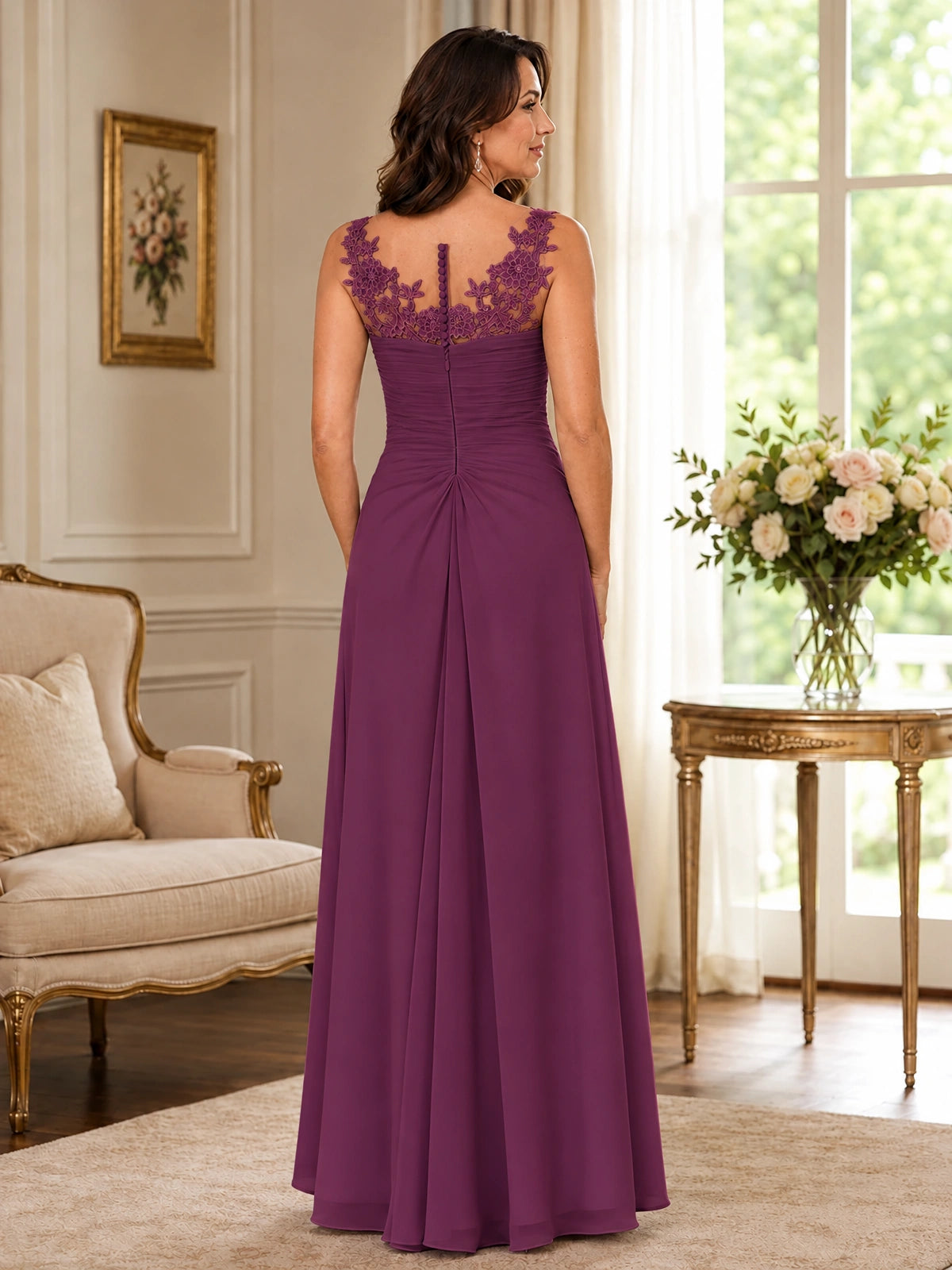 Elegant Chiffon Mother of the Bride Dress with Lace Applique and Cape Sleeves