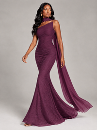 Pleated Chiffon Lace Prom Dresses Long Bodycon Mermaid with Scarf