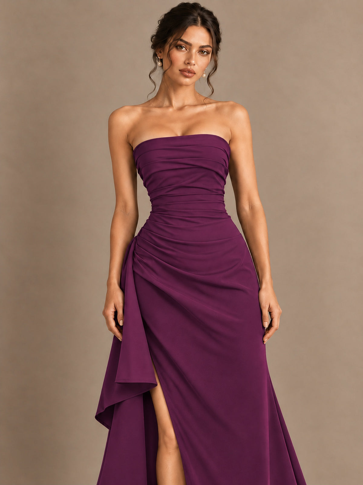 Black and White Strapless Ruched Prom Dress with High Slit & Side Drape