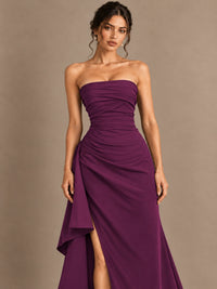 Black and White Strapless Ruched Prom Dress with High Slit & Side Drape
