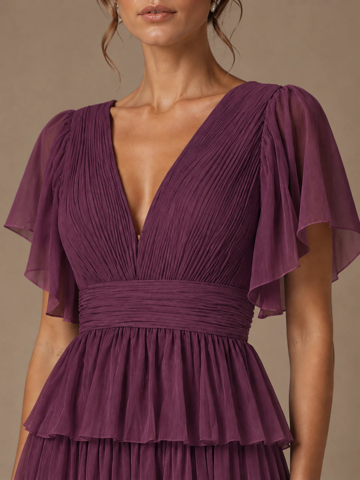 Chiffon V-Neck Tiered Ruffle Bridesmaid Dress with Slit