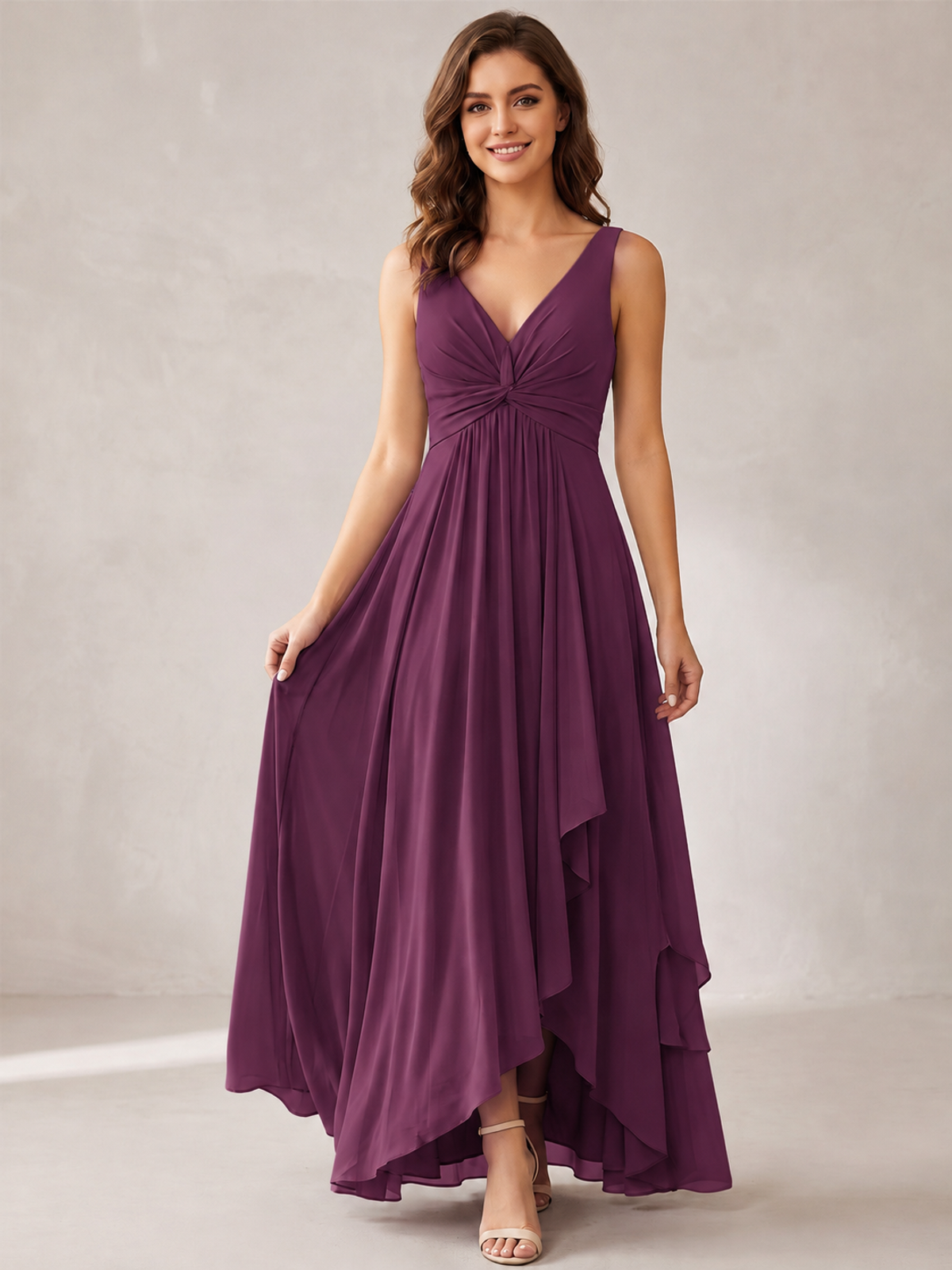 V-Neck High-Low Chiffon Bridesmaid Dress with Ruffles