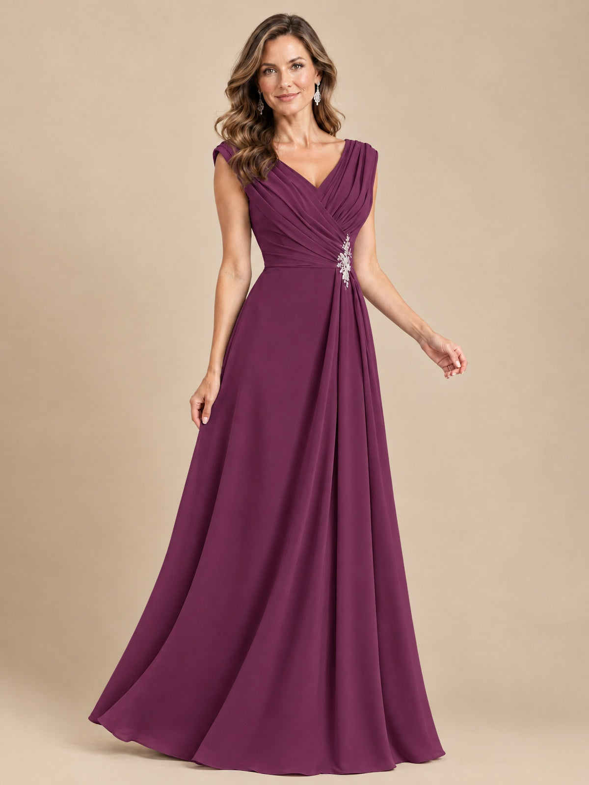 V Neck Pleated Mother of The Bride Dresses with Beading Cap Sleeves