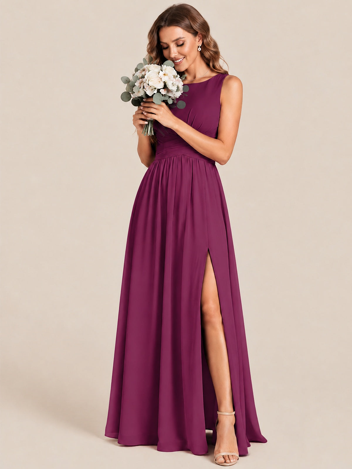 A-line Sleeveless Rucehd Chiffon Bridesmaid Dress with High Slit