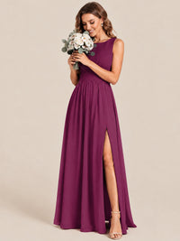 A-line Sleeveless Rucehd Chiffon Bridesmaid Dress with High Slit