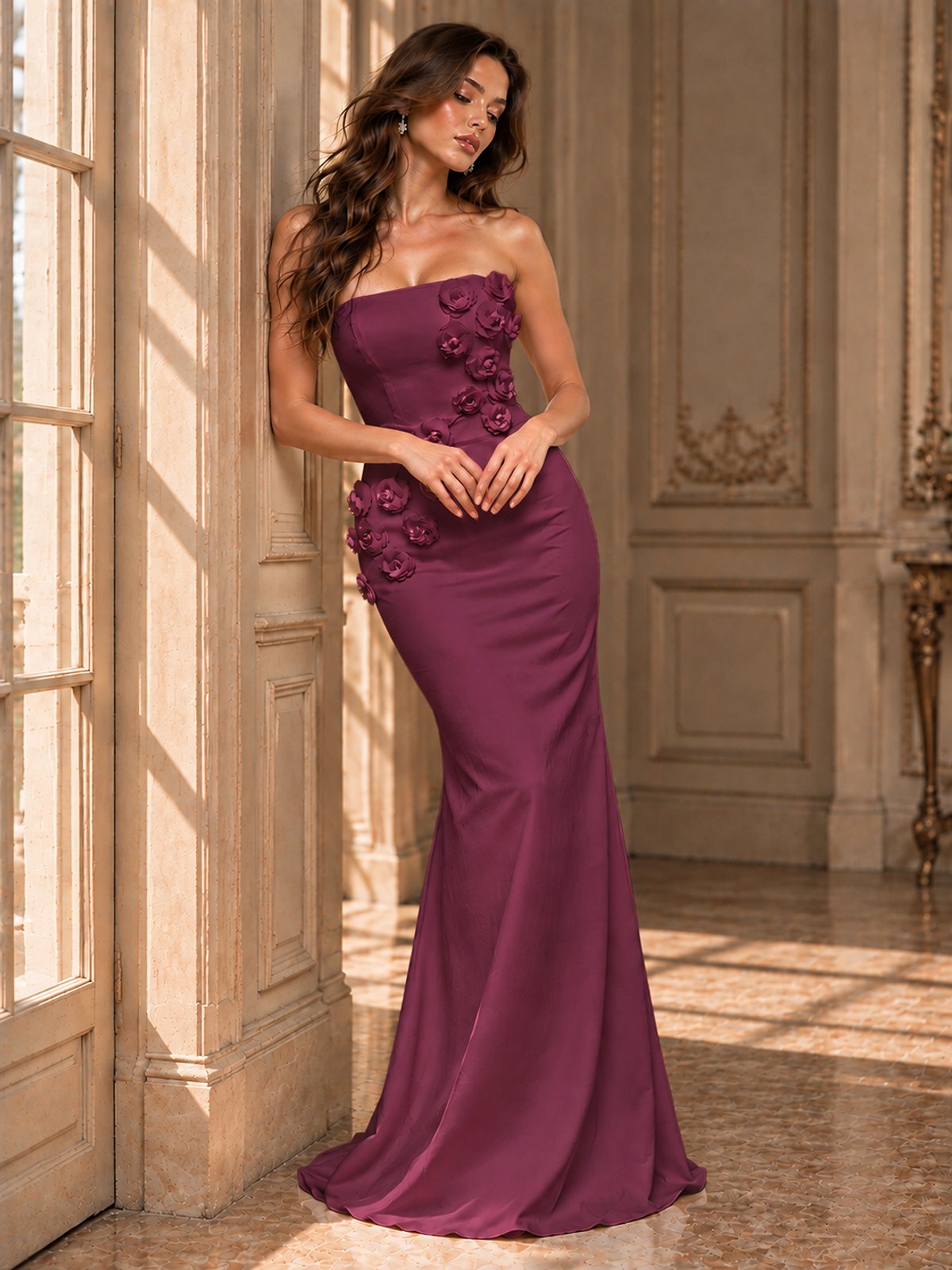 White Strapless Mermaid Maxi Dress with 3D Floral Appliques