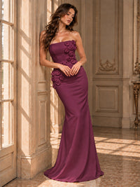 White Strapless Mermaid Maxi Dress with 3D Floral Appliques