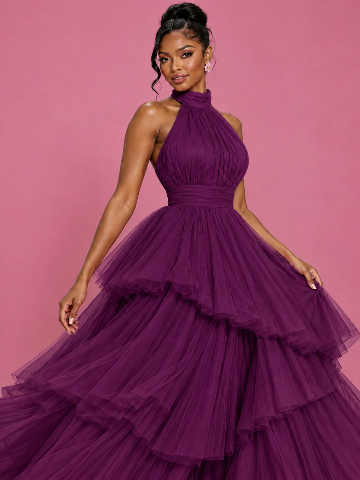Hot Pink Tulle Halter Neck Tiered Ruffle Maxi Dress