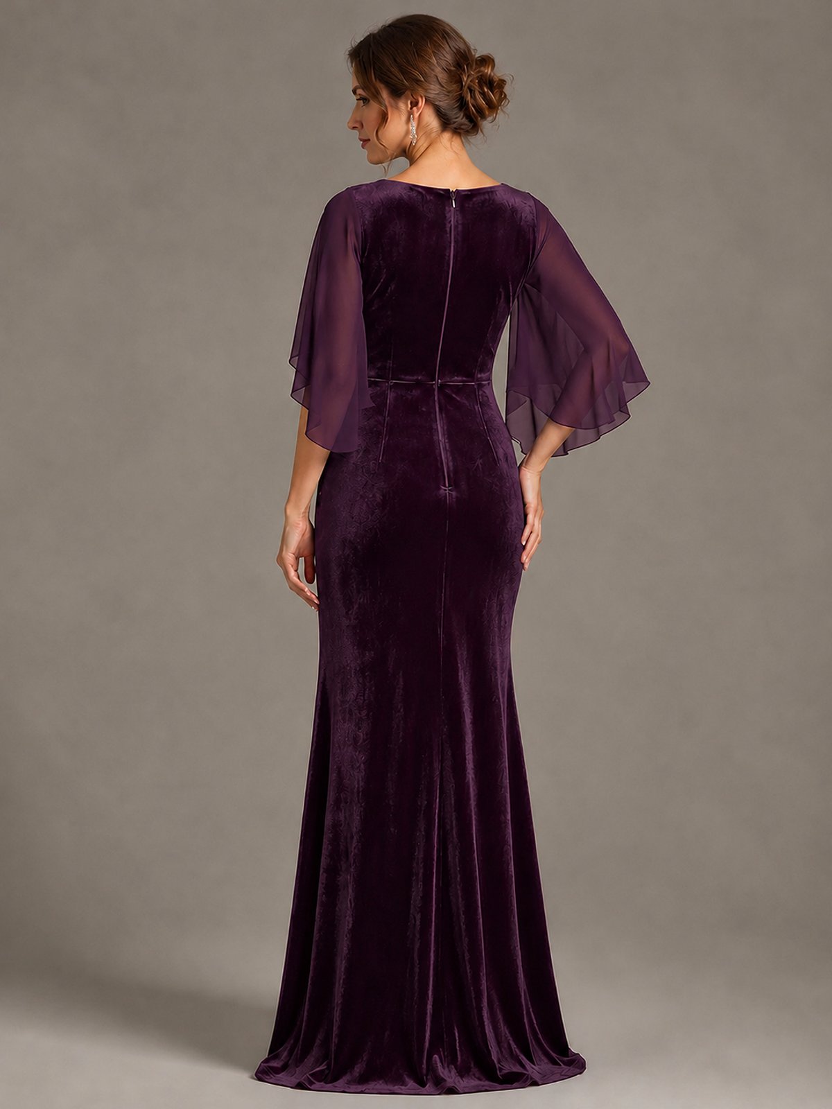 Navy Blue Velvet V Neck Mermaid Formal Dress with Flutter Cape Sleeves
