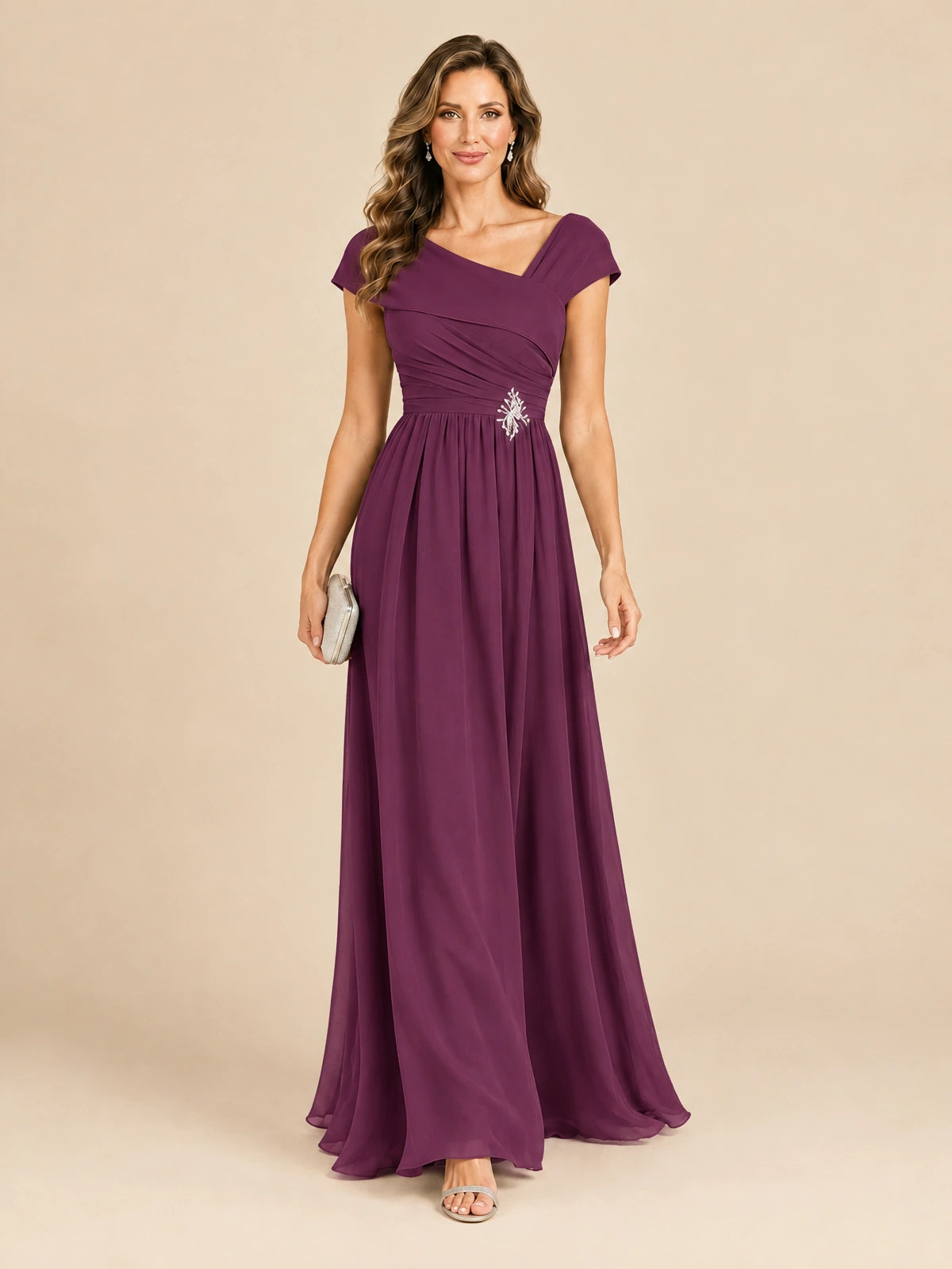 Cap Sleeve Mother of The Bride Dresses Long Chiffon Formal Gowns
