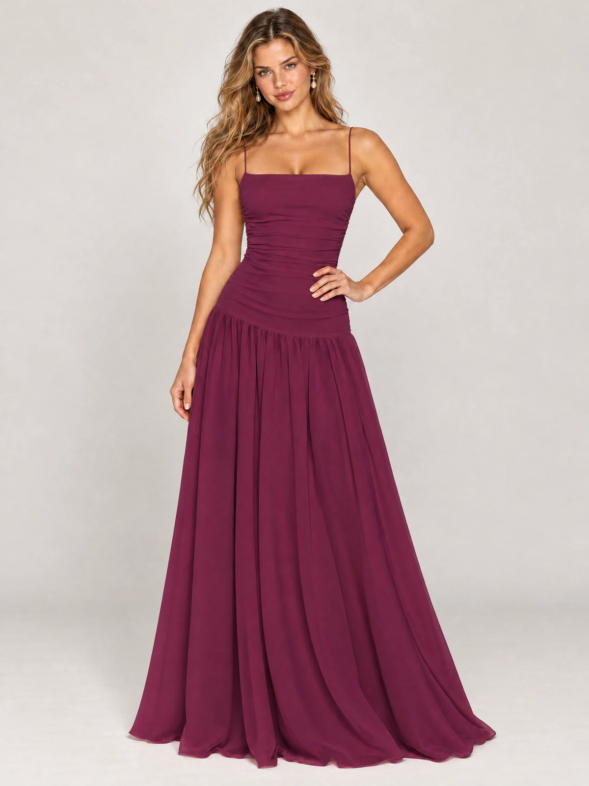 Butter Yellow Ruched Spaghetti Strap Drop-Waist Prom Dress