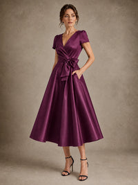 V-Neck Tea-Length Satin Mother of the Bride Dress with Bow