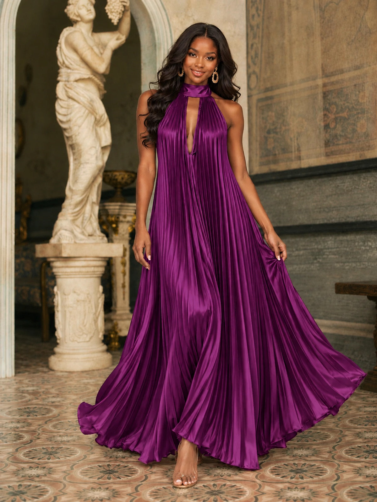 Rust Orange Pleated Halter Neck Maxi Dress