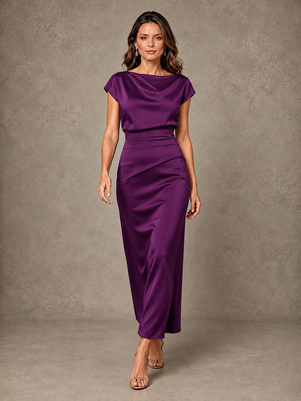 Cowl Neck Satin Mother of the Bride Dress with Ruched Waist