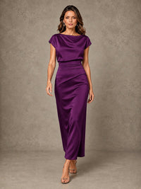 Cowl Neck Satin Mother of the Bride Dress with Ruched Waist