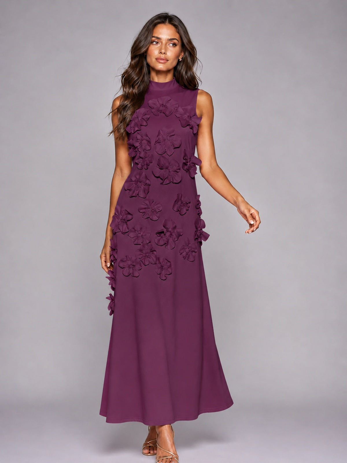 3D Floral Applique High Neck Prom Maxi Dress