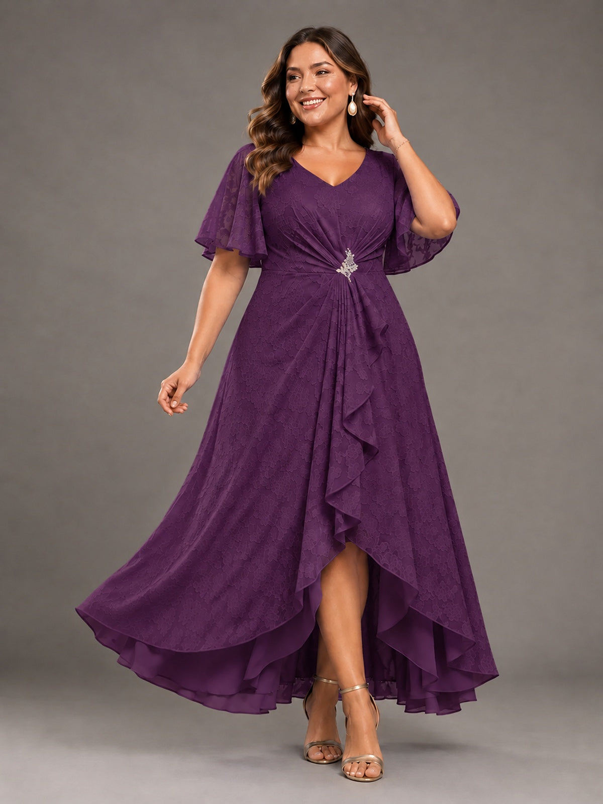 Jacquard Chiffon A-Line V-Neck High-Low Mother of the Bride Dress