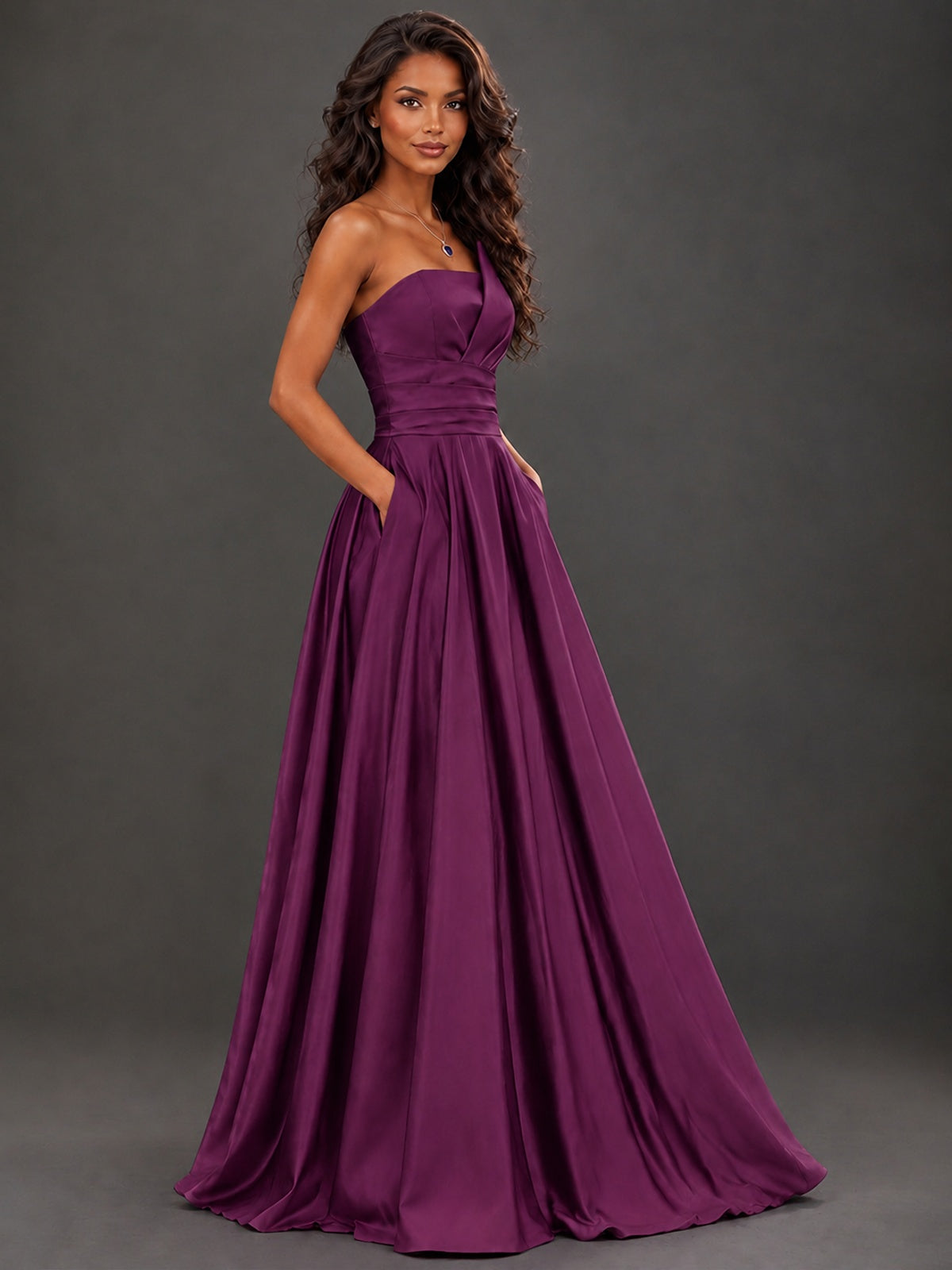 Draped Satin Prom Dress Strapless A-line Formal Dress Floor Length