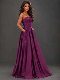 Draped Satin Prom Dress Strapless A-line Formal Dress Floor Length