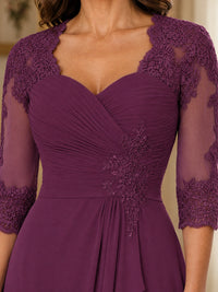 Chiffon Lace Applique Mother of the Bride Dress with 3/4 Sleeves