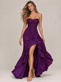 Strapless Lace Appliques Corset Satin Prom Dress Ruffle Slit Evening Gown